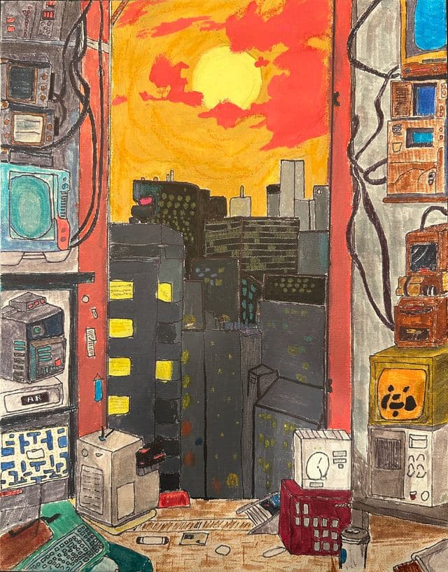 City at sunset, marker, colored pencil, paint, and oil pastel